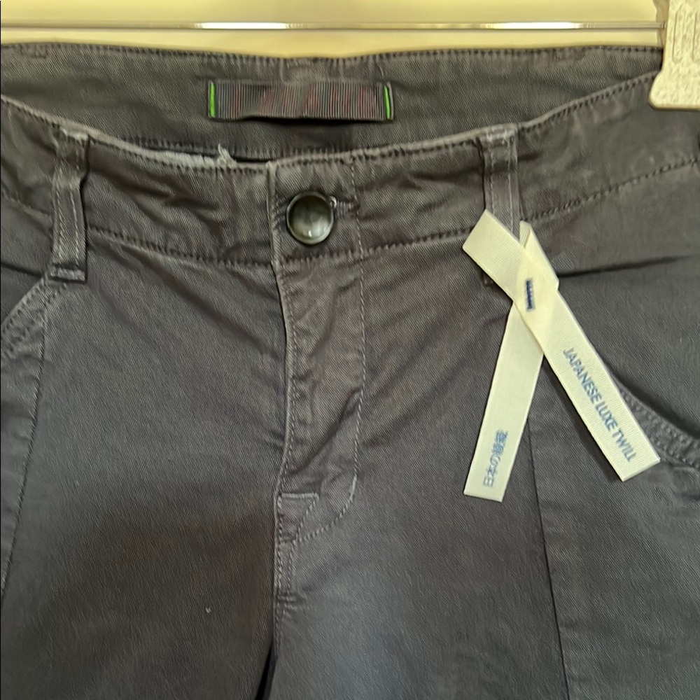 J Brand Sharkskin color skinny cargos, zip leg bottoms and side pockets.